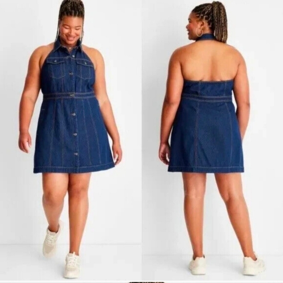 Denim Halter Collar Backless Dress Sz 18 Future Collective - Picture 2 of 8